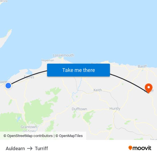 Auldearn to Turriff map