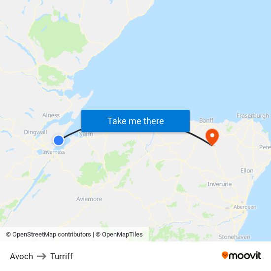 Avoch to Turriff map