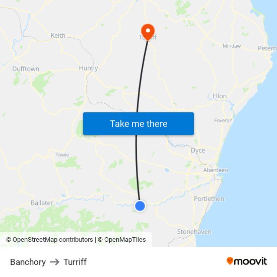 Banchory to Turriff map