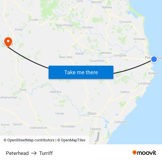 Peterhead to Turriff map