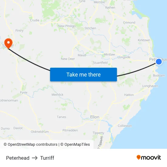 Peterhead to Turriff map