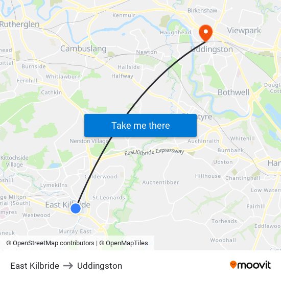 East Kilbride to Uddingston map