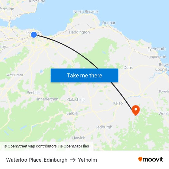 Waterloo Place, Edinburgh to Yetholm map