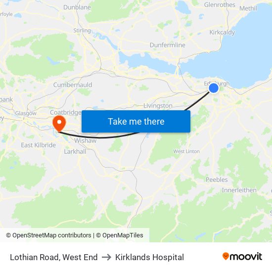 Lothian Road, West End to Kirklands Hospital map