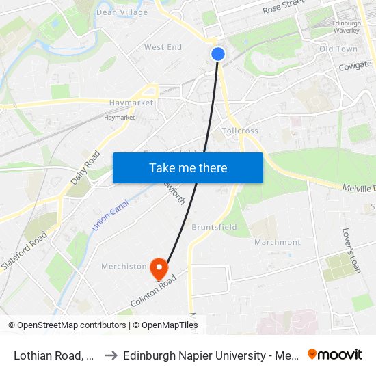 Lothian Road, West End to Edinburgh Napier University - Merchiston Campus map