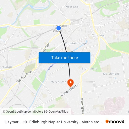 Haymarket to Edinburgh Napier University - Merchiston Campus map