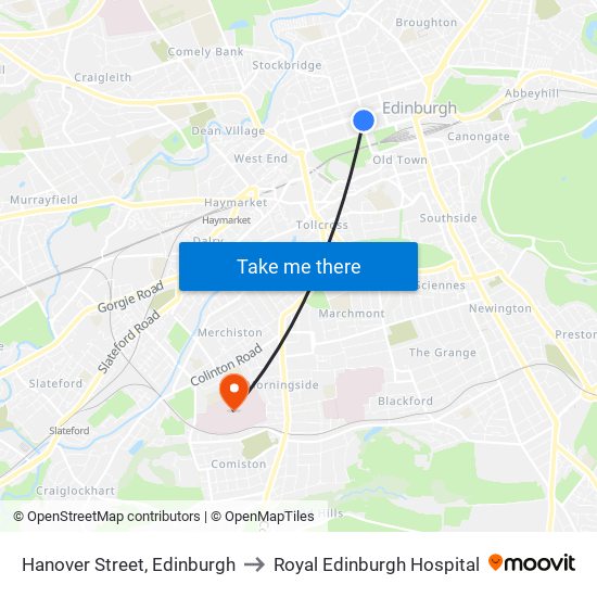 Hanover Street, Edinburgh to Royal Edinburgh Hospital map