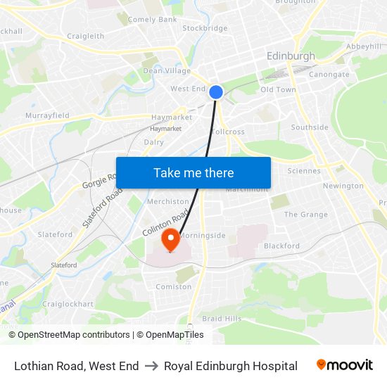 Lothian Road, West End to Royal Edinburgh Hospital map