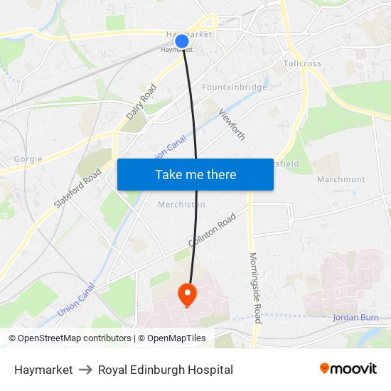 Haymarket to Royal Edinburgh Hospital map