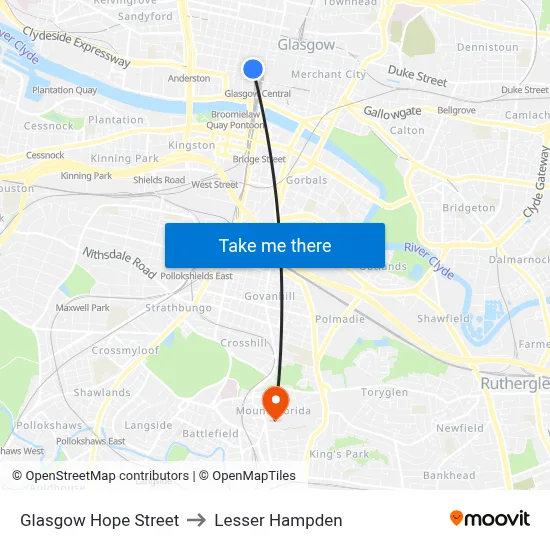 Glasgow Hope Street to Lesser Hampden map