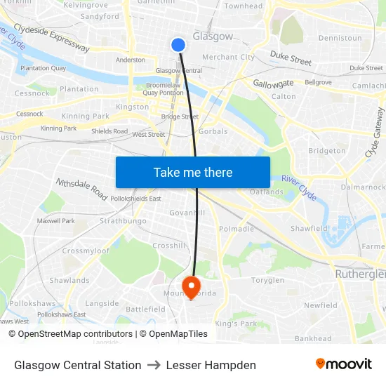 Glasgow Central Station to Lesser Hampden map