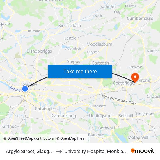 Argyle Street, Glasgow to University Hospital Monklands map