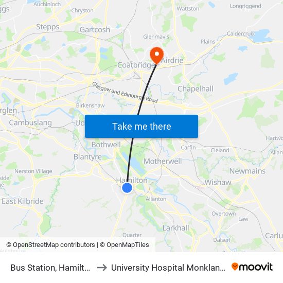 Bus Station, Hamilton to University Hospital Monklands map