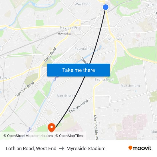 Lothian Road, West End to Myreside Stadium map