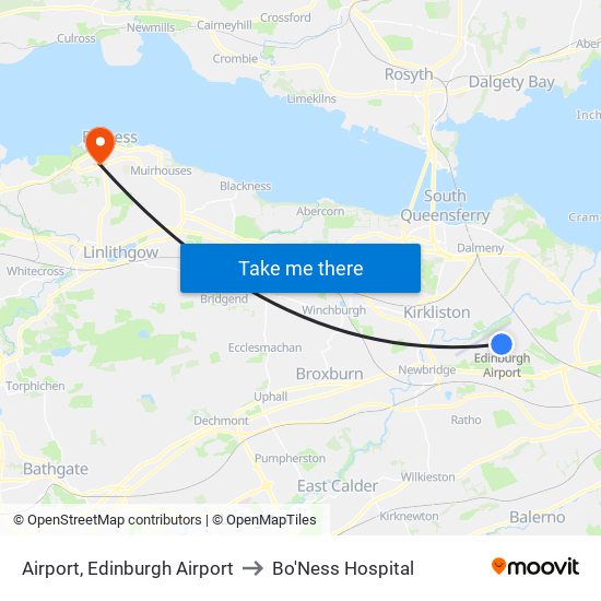 Airport, Edinburgh Airport to Bo'Ness Hospital map