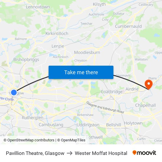 Pavillion Theatre, Glasgow to Wester Moffat Hospital map