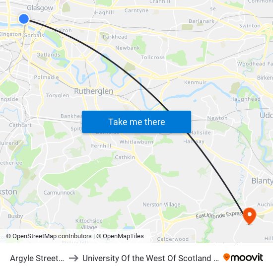 Argyle Street, Glasgow to University Of the West Of Scotland - Lanarkshire Campus map