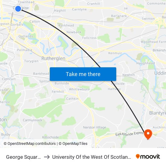 George Square, Glasgow to University Of the West Of Scotland - Lanarkshire Campus map