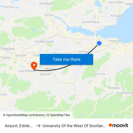 Airport, Edinburgh Airport to University Of the West Of Scotland - Lanarkshire Campus map