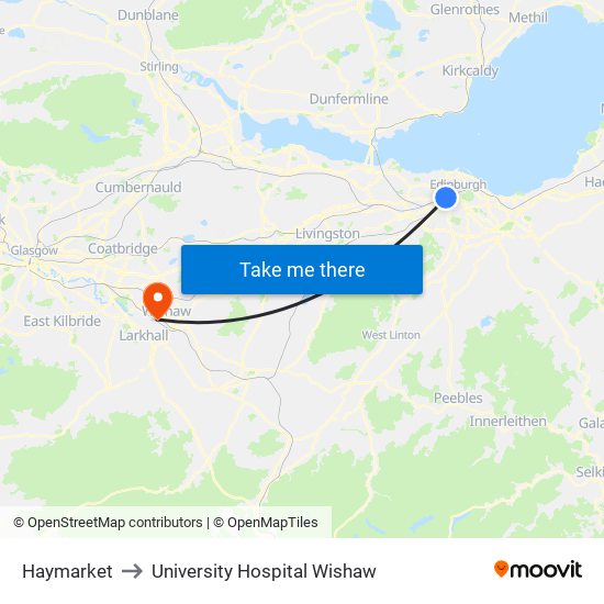 Haymarket to University Hospital Wishaw map