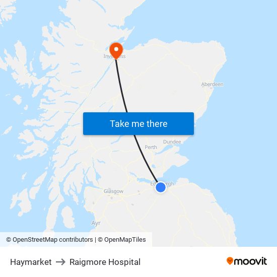 Haymarket to Raigmore Hospital map