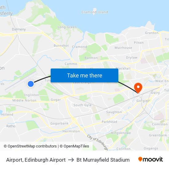 Airport, Edinburgh Airport to Bt Murrayfield Stadium map