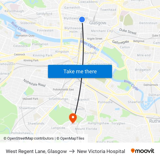 West Regent Lane, Glasgow to New Victoria Hospital map