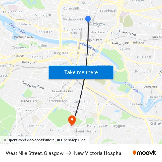 West Nile Street, Glasgow to New Victoria Hospital map