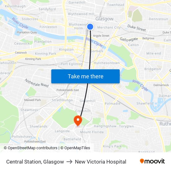 Central Station, Glasgow to New Victoria Hospital map