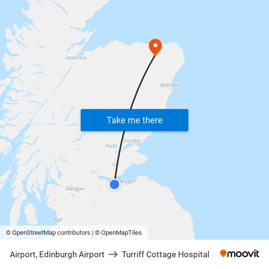 Airport, Edinburgh Airport to Turriff Cottage Hospital map