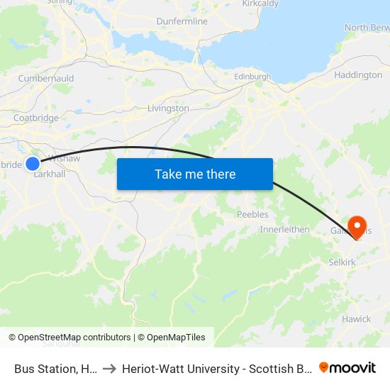 Bus Station, Hamilton to Heriot-Watt University - Scottish Borders Campus map