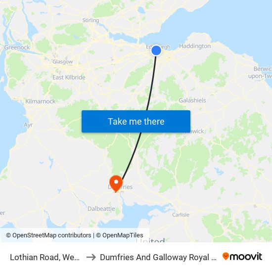 Lothian Road, West End to Dumfries And Galloway Royal Infirmary map