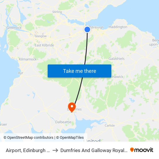 Airport, Edinburgh Airport to Dumfries And Galloway Royal Infirmary map