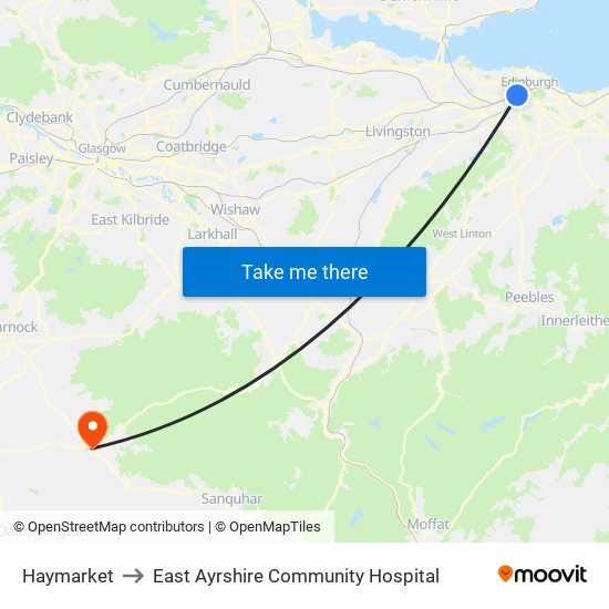 Haymarket to East Ayrshire Community Hospital map