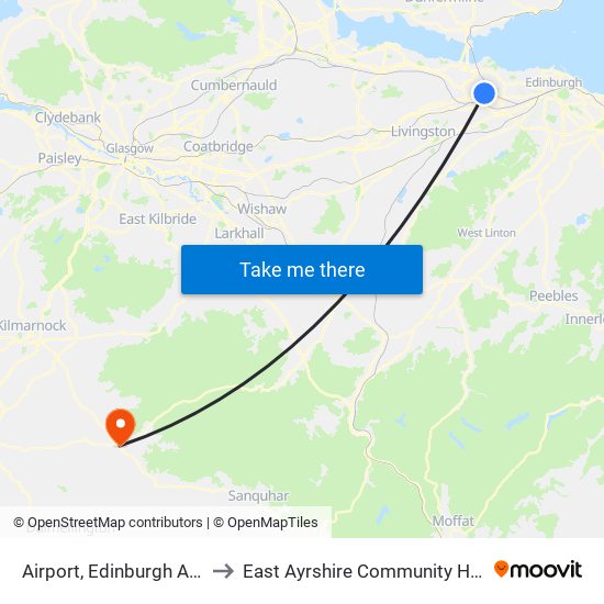 Airport, Edinburgh Airport to East Ayrshire Community Hospital map