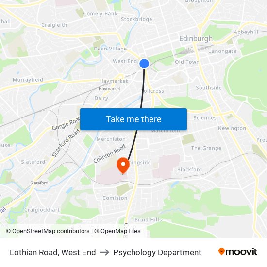 Lothian Road, West End to Psychology Department map