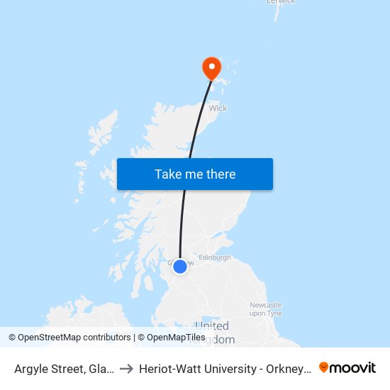 Argyle Street, Glasgow to Heriot-Watt University - Orkney Campus map