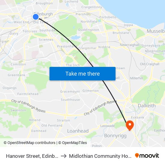 Hanover Street, Edinburgh to Midlothian Community Hospital map