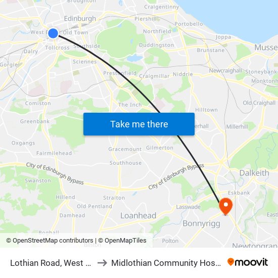 Lothian Road, West End to Midlothian Community Hospital map