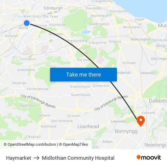 Haymarket to Midlothian Community Hospital map