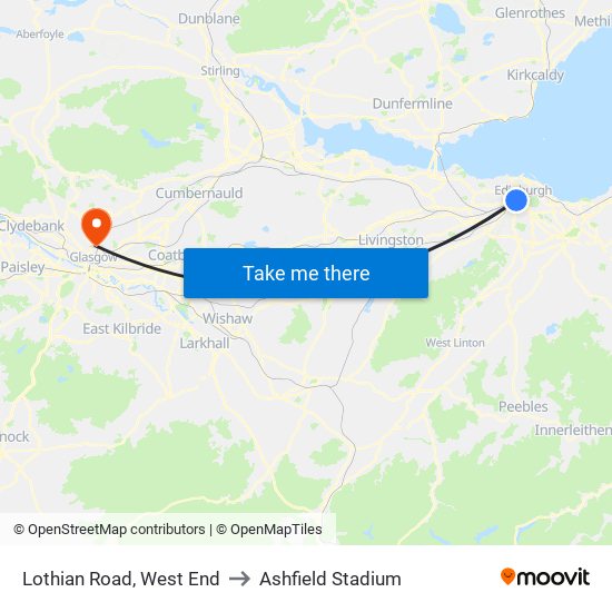 Lothian Road, West End to Ashfield Stadium map