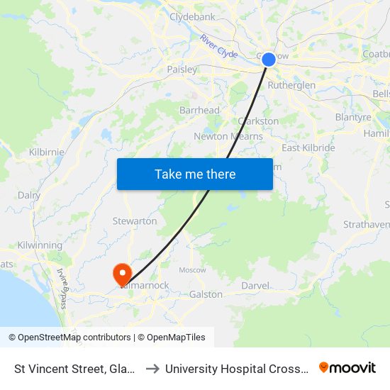 St Vincent Street, Glasgow to University Hospital Crosshouse map