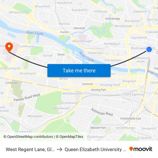 West Regent Lane, Glasgow to Queen Elizabeth University Hospital map