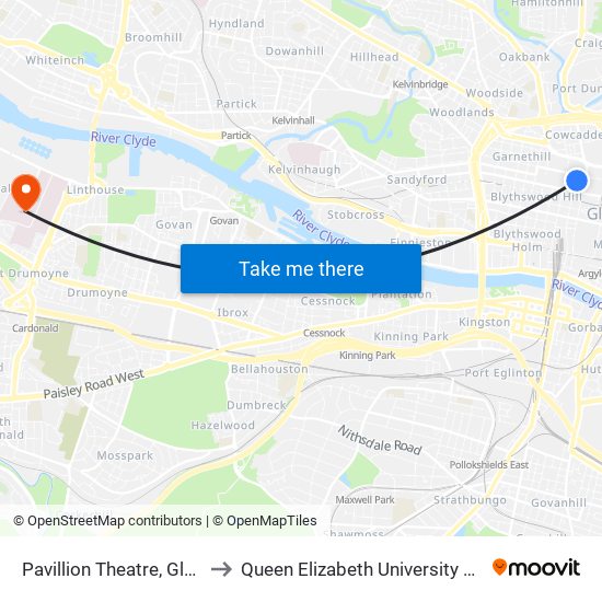 Pavillion Theatre, Glasgow to Queen Elizabeth University Hospital map