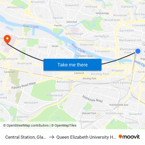 Central Station, Glasgow to Queen Elizabeth University Hospital map