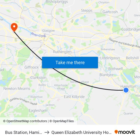 Bus Station, Hamilton to Queen Elizabeth University Hospital map