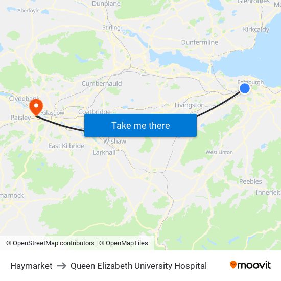 Haymarket to Queen Elizabeth University Hospital map