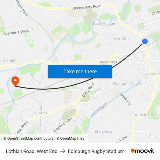 Lothian Road, West End to Edinburgh Rugby Stadium map
