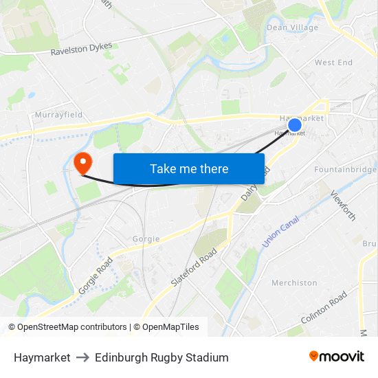 Haymarket to Edinburgh Rugby Stadium map