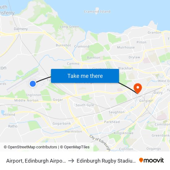 Airport, Edinburgh Airport to Edinburgh Rugby Stadium map